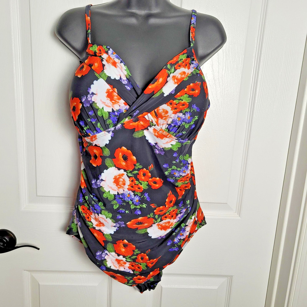 Hilor Swimsuit 16 Black Floral Front Twist Ruched ShirredOne Piece Tummy Control